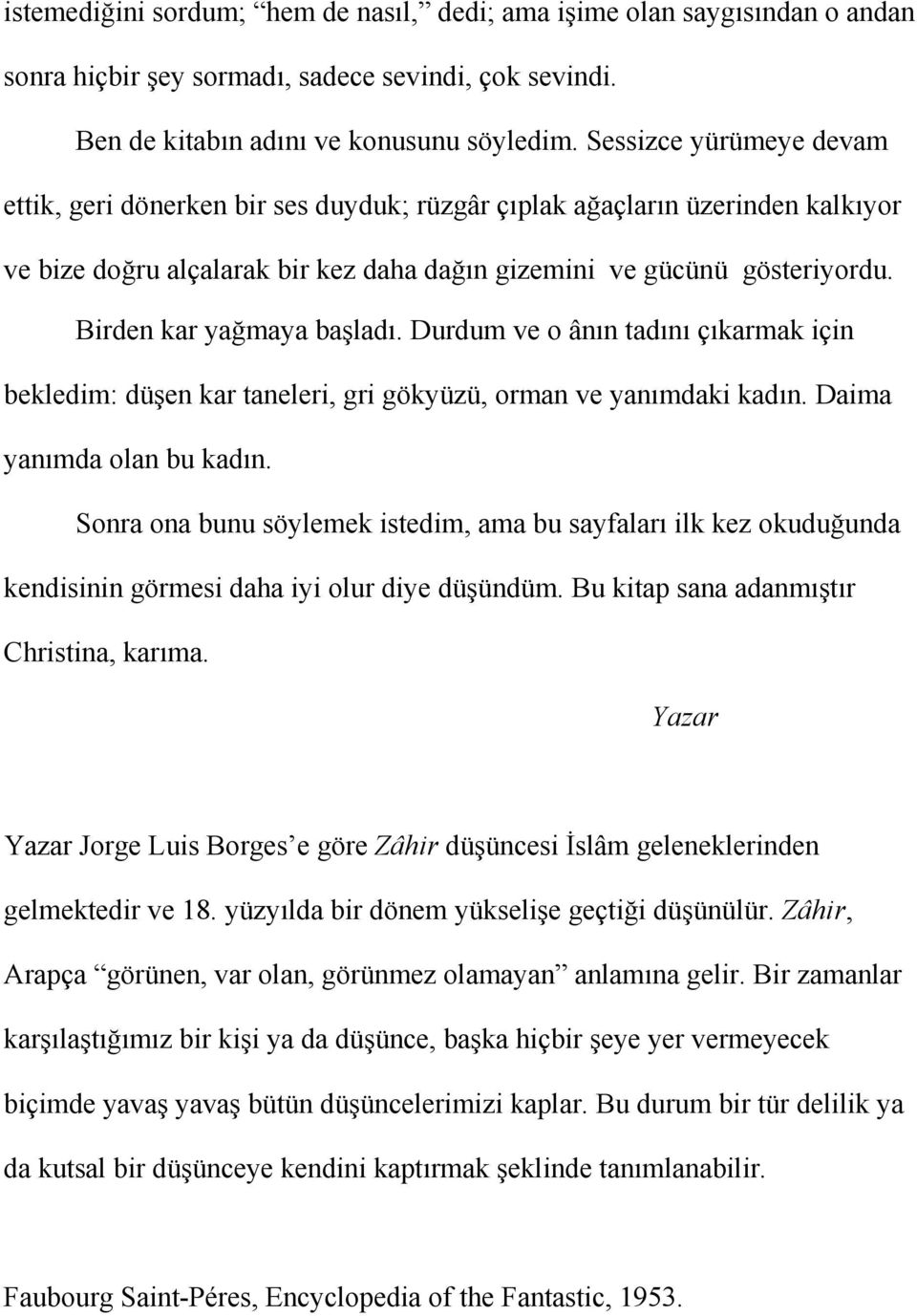 Birden kar yağmaya başladı. Durdum ve o ânın tadını çıkarmak için bekledim: düşen kar taneleri, gri gökyüzü, orman ve yanımdaki kadın. Daima yanımda olan bu kadın.