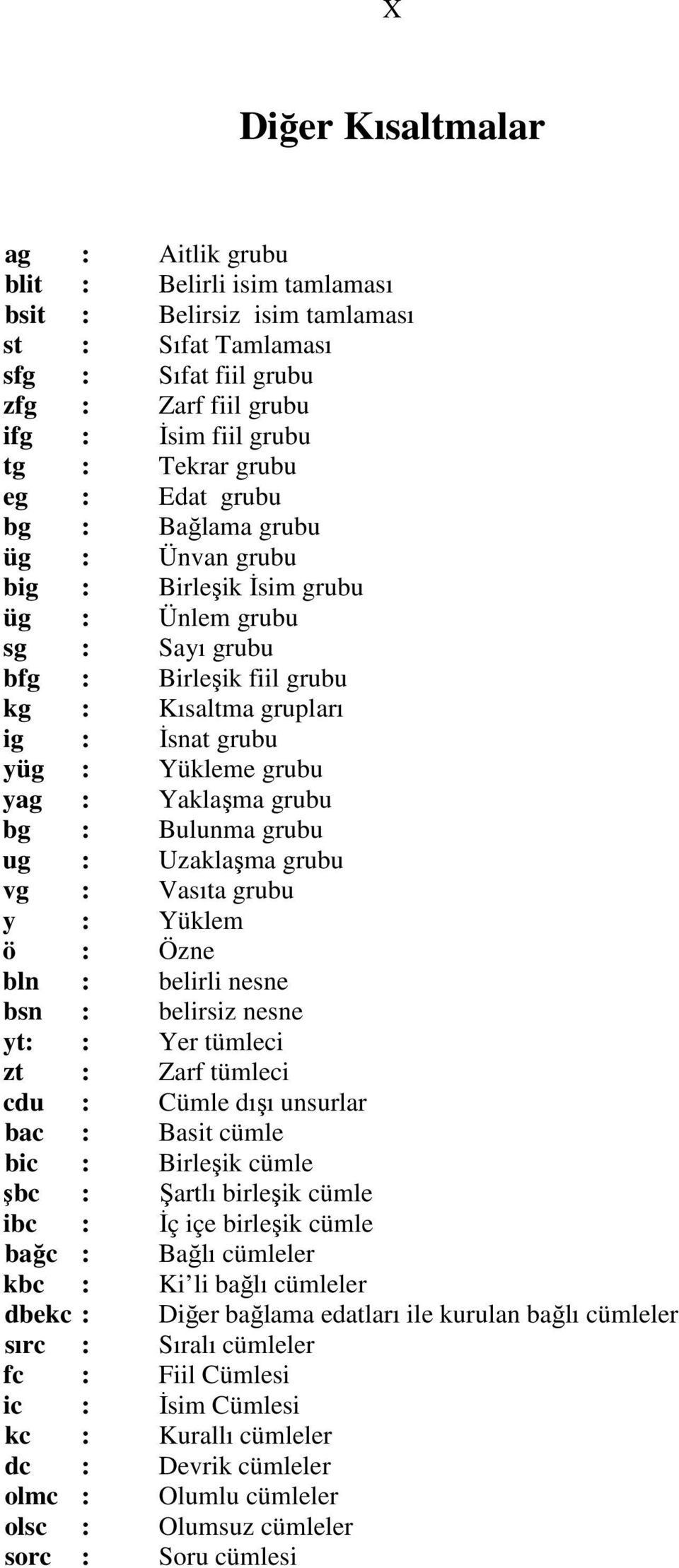 grubu yag : Yaklaşma grubu bg : Bulunma grubu ug : Uzaklaşma grubu vg : Vasıta grubu y : Yüklem ö : Özne bln : belirli nesne bsn : belirsiz nesne yt: : Yer tümleci zt : Zarf tümleci cdu : Cümle dışı