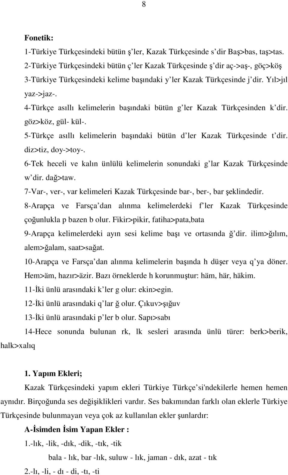 4-Türkçe asıllı kelimelerin başındaki bütün g ler Kazak Türkçesinden k dir. göz>köz, gül- kül-. 5-Türkçe asıllı kelimelerin başındaki bütün d ler Kazak Türkçesinde t dir. diz>tiz, doy->toy-.