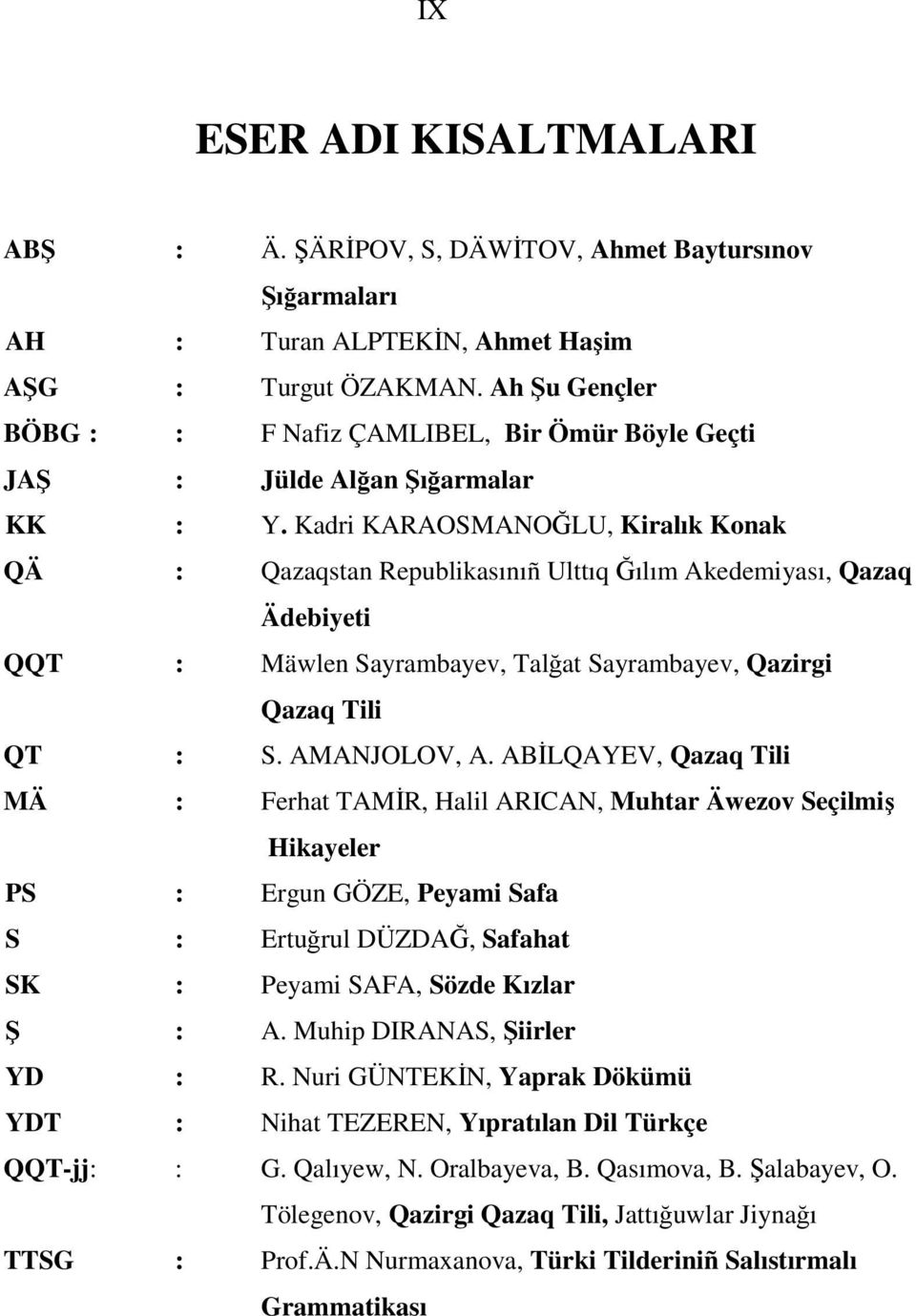 Kadri KARAOSMANOĞLU, Kiralık Konak QÄ : Qazaqstan Republikasınıñ Ulttıq Ğılım Akedemiyası, Qazaq Ädebiyeti QQT : Mäwlen Sayrambayev, Talğat Sayrambayev, Qazirgi Qazaq Tili QT : S. AMANJOLOV, A.