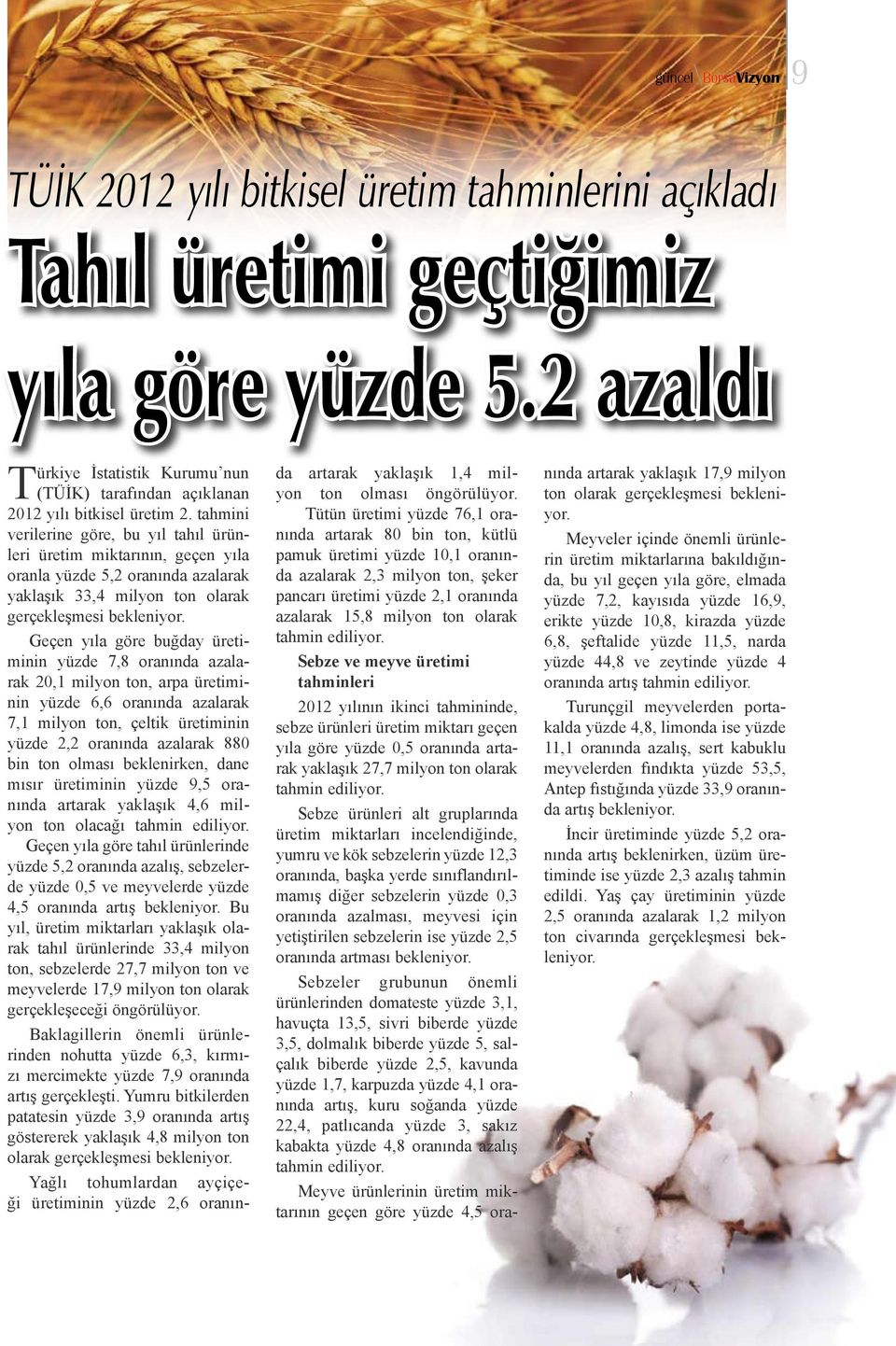 tahmini verilerine göre, bu yıl tahıl ürünleri üretim miktarının, geçen yıla oranla yüzde 5,2 oranında azalarak yaklaşık 33,4 milyon ton olarak gerçekleşmesi bekleniyor.