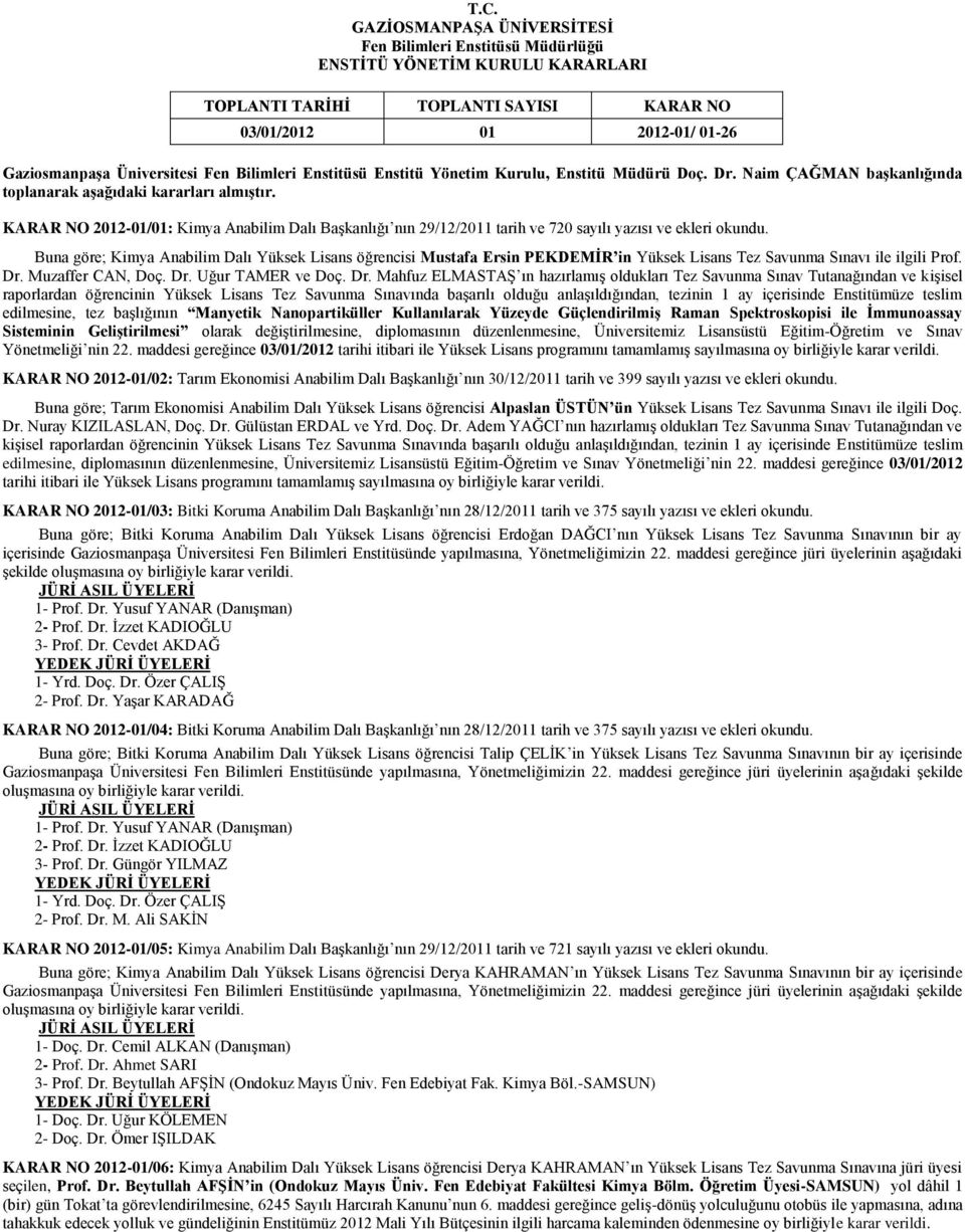 KARAR NO 2012-01/01: Kimya Anabilim Dalı Başkanlığı nın 29/12/2011 tarih ve 720 sayılı yazısı ve ekleri okundu.
