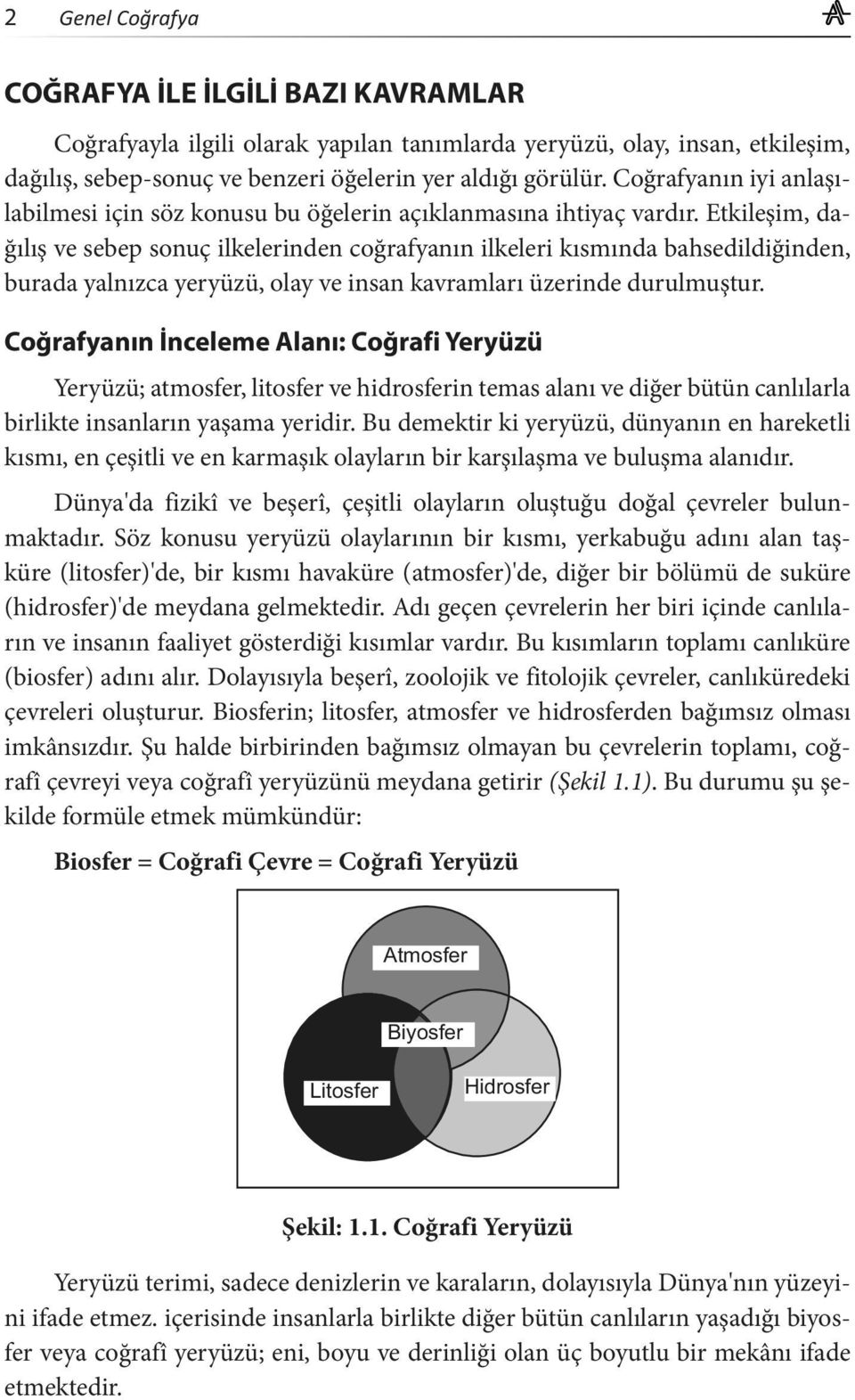 Etkileşim, dağılış ve sebep sonuç ilkelerinden coğrafyanın ilkeleri kısmında bahsedildiğinden, burada yalnızca yeryüzü, olay ve insan kavramları üzerinde durulmuştur.