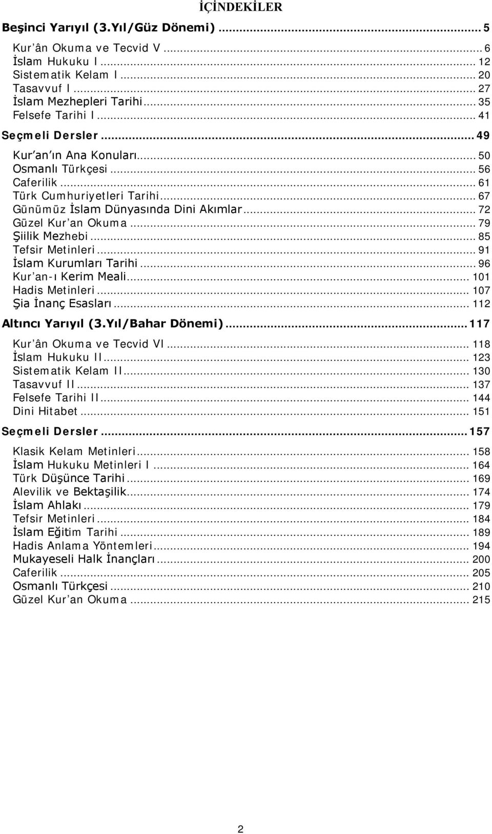.. 79 Şiilik Mezhebi... 85 Tefsir Metinleri... 91 İslam Kurumları Tarihi... 96 Kur an-ı Kerim Meali... 101 Hadis Metinleri... 107 Şia İnanç Esasları... 112 Altıncı Yarıyıl (3.Yıl/Bahar Dönemi).