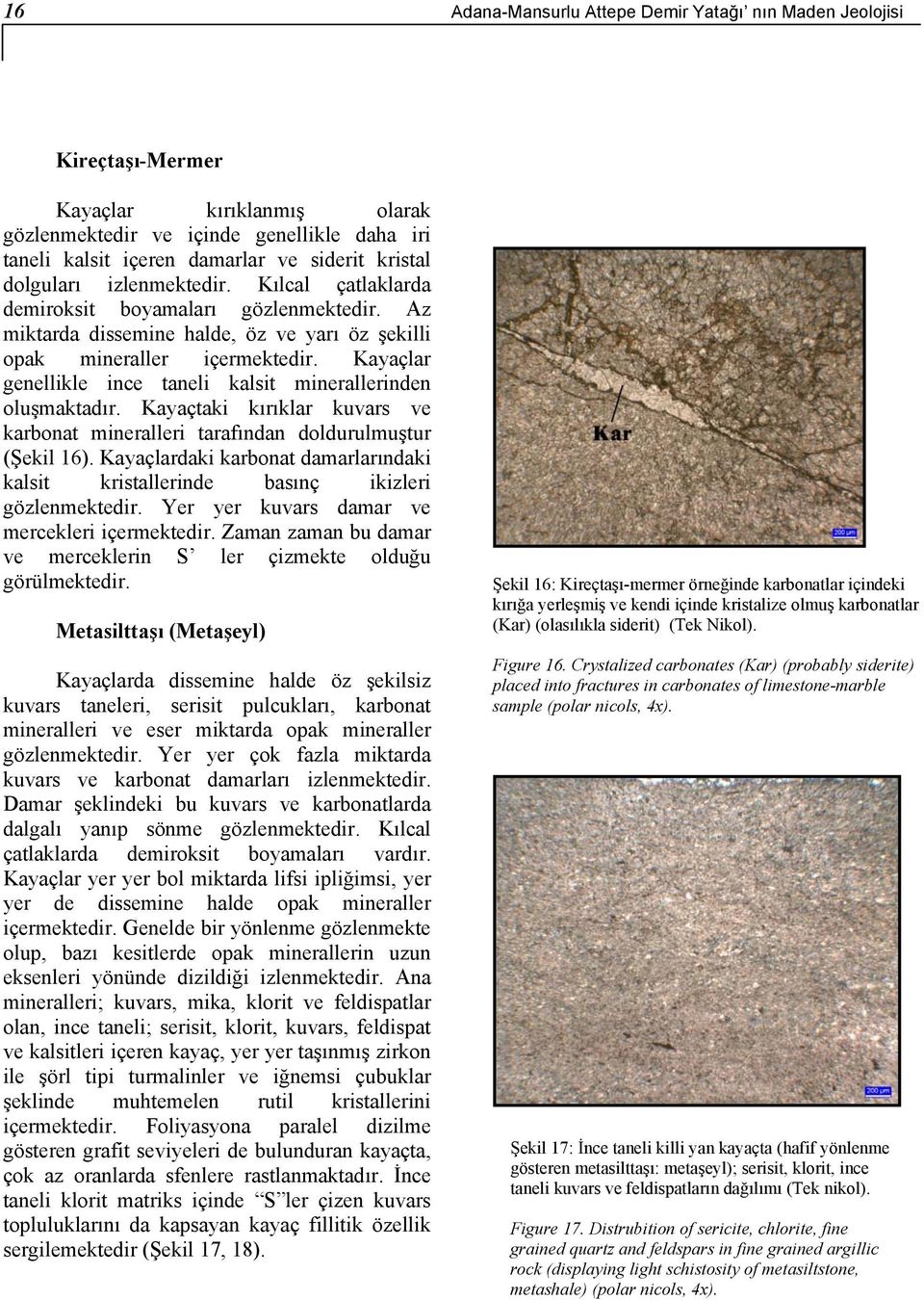 Kayaçlar genellikle ince taneli kalsit minerallerinden oluşmaktadır. Kayaçtaki kırıklar kuvars ve karbonat mineralleri tarafından doldurulmuştur (Şekil 16).