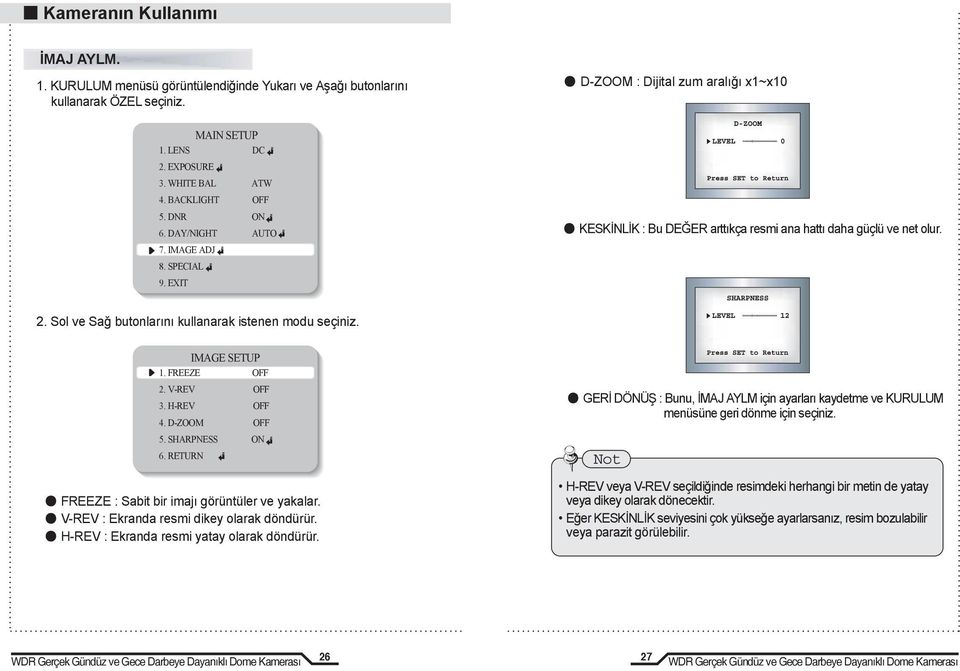 Sol ve Sağ butonlarını kullanarak istenen modu seçiniz. IMAGE SETUP 1. FREEZE OFF 2. V-REV OFF 3. H-REV OFF 4. D-ZOOM OFF 5. SHARPNESS ON 6. RETURN FREEZE : Sabit bir imajı görüntüler ve yakalar.