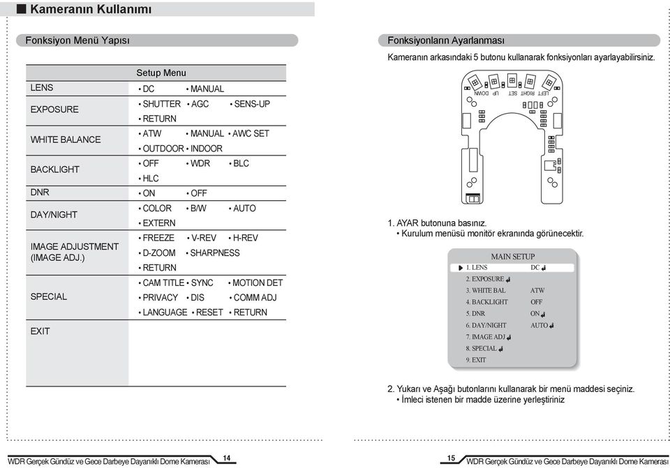 MOTION DET PRIVACY DIS COMM ADJ LANGUAGE RESET RETURN Kameranın arkasındaki 5 butonu kullanarak fonksiyonları ayarlayabilirsiniz. DOWN UP SET RIGHT LEFT 1. AYAR butonuna basınız.