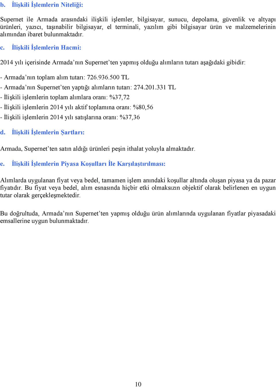 İlişkili İşlemlerin Hacmi: 2014 yılı içerisinde Armada nın Supernet ten yapmış olduğu alımların tutarı aşağıdaki gibidir: - Armada nın toplam alım tutarı: 726.936.