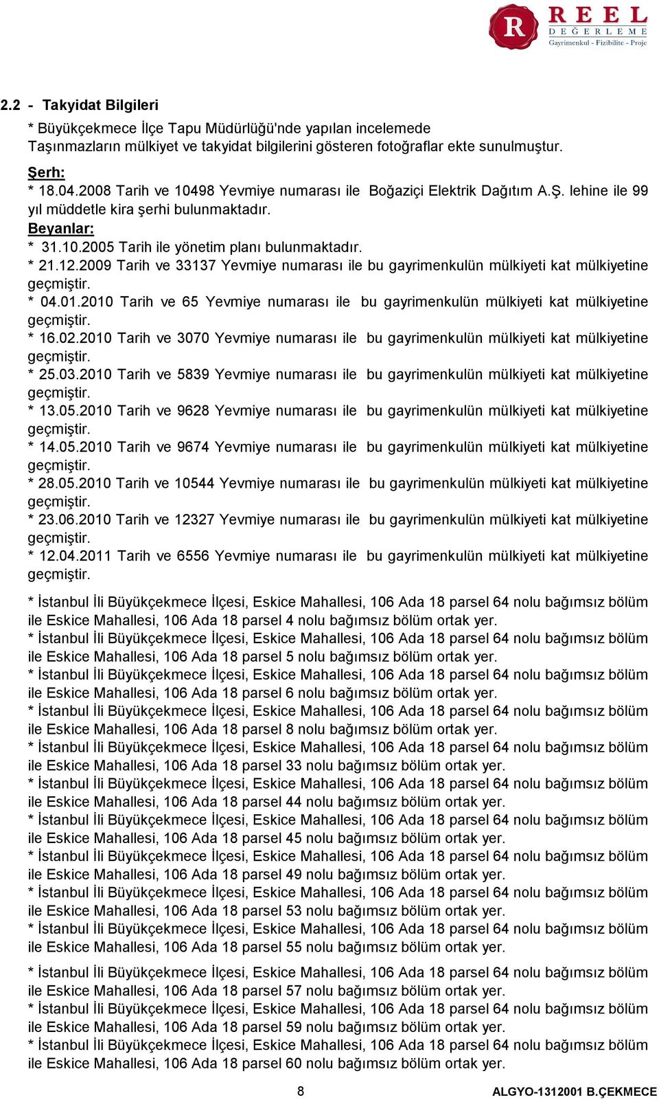 2009 Tarih ve 33137 Yevmiye numarası ile bu gayrimenkulün mülkiyeti kat mülkiyetine geçmiştir. 04.01.2010 Tarih ve 65 Yevmiye numarası ile bu gayrimenkulün mülkiyeti kat mülkiyetine geçmiştir. 16.02.