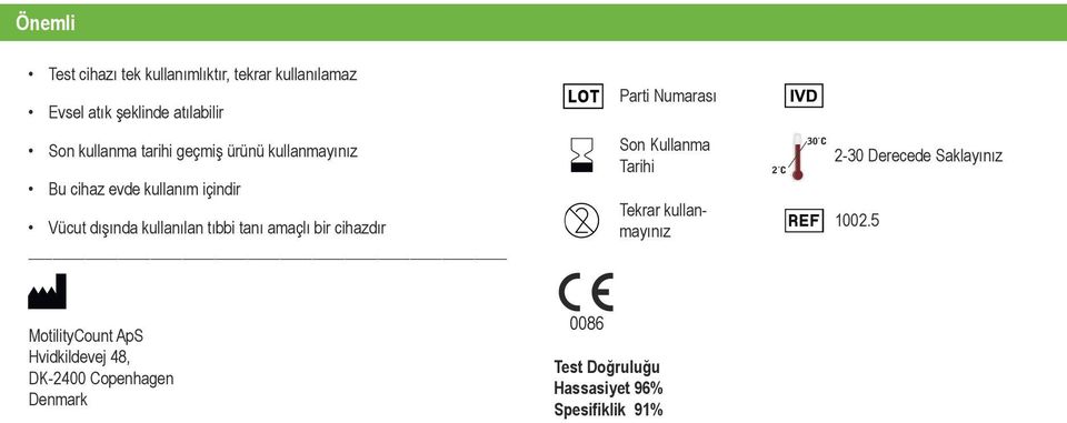 tanı amaçlı bir cihazdır Son Kullanma Tarihi Tekrar kullanmayınız 2 C 30 C 2-30 Derecede Saklayınız 1002.