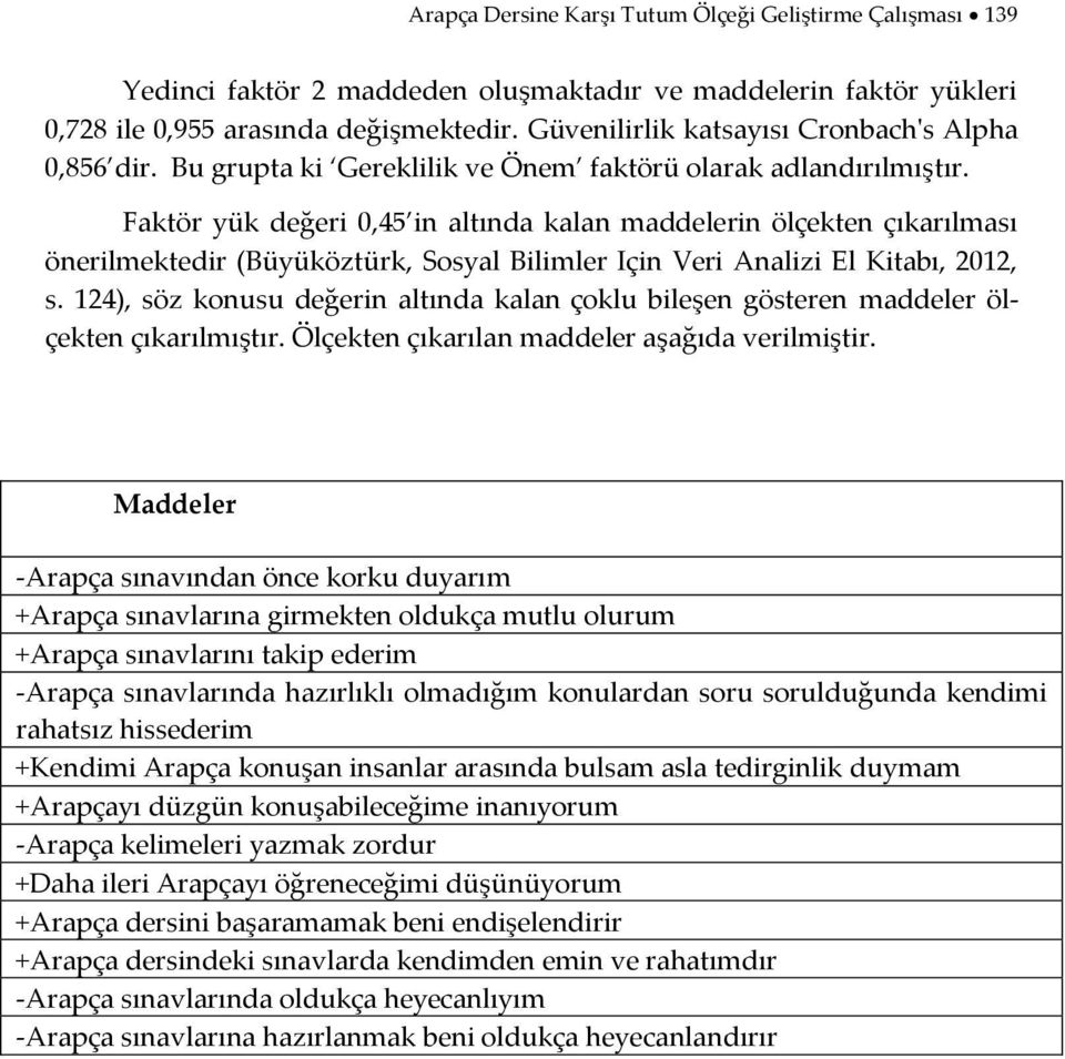 Faktör yük değeri 0,45 in altında kalan maddelerin ölçekten çıkarılması önerilmektedir (Büyüköztürk, Sosyal Bilimler Için Veri Analizi El Kitabı, 2012, s.