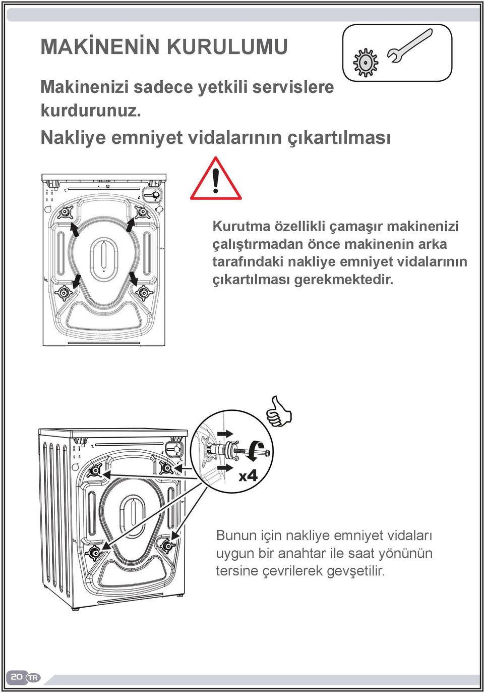 çalıştırmadan önce makinenin arka tarafındaki nakliye emniyet vidalarının çıkartılması