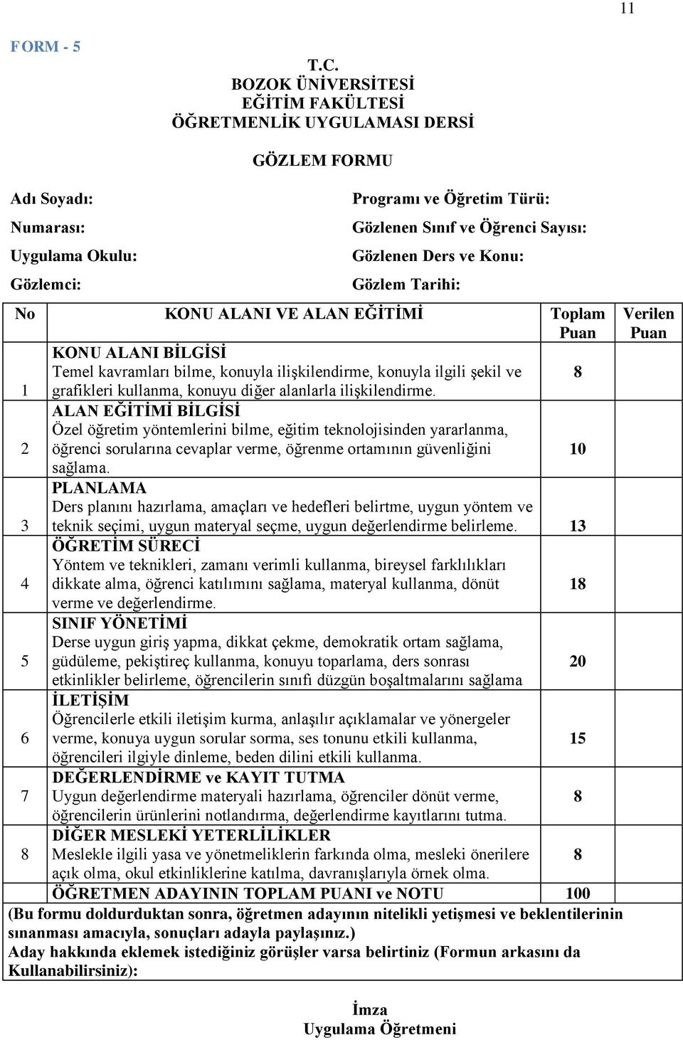 ve Konu: Gözlem Tarihi: No KONU ALANI VE ALAN EĞĠTĠMĠ Toplam Puan Verilen Puan KONU ALANI BĠLGĠSĠ Temel kavramları bilme, konuyla iliģkilendirme, konuyla ilgili Ģekil ve 8 1 grafikleri kullanma,