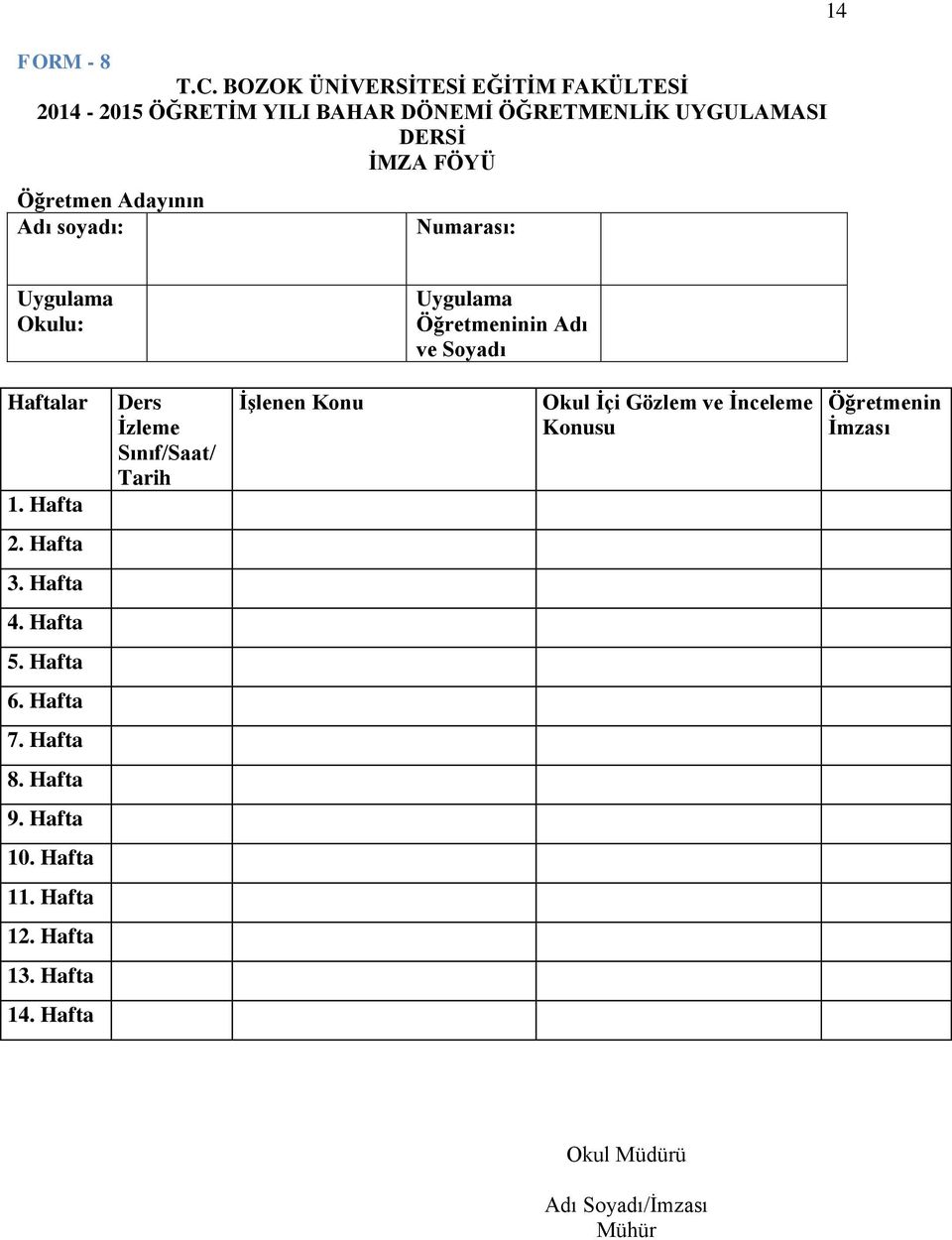 Adayının Adı soyadı: Numarası: 14 Uygulama Okulu: Uygulama Öğretmeninin Adı ve Soyadı Haftalar 1.