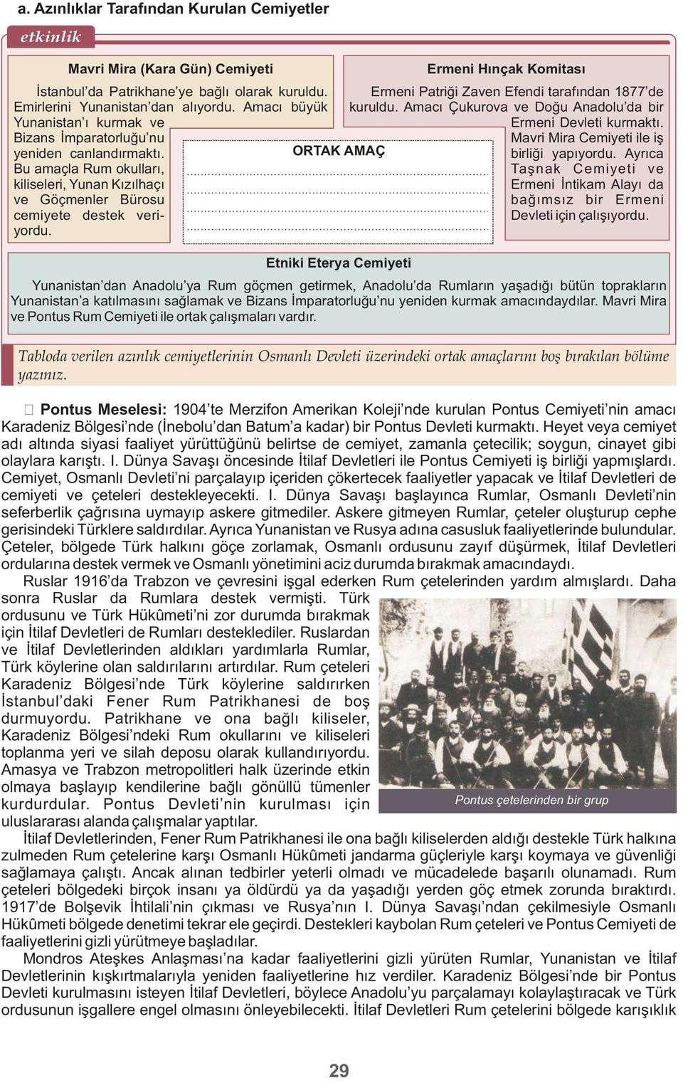 ORTAK AMAÇ Tabloda verilen azınlık cemiyetlerinin Osmanlı Devleti üzerindeki ortak amaçlarını boş bırakılan bölüme yazınız.