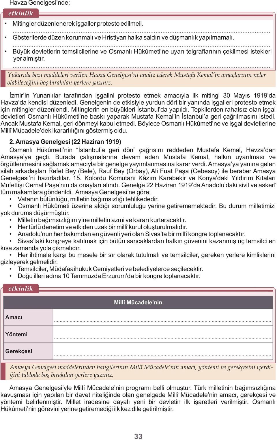 ... Yukarıda bazı maddeleri verilen Havza Genelgesi ni analiz ederek Mustafa Kemal in amaçlarının neler olabileceğini boş bırakılan yerlere yazınız.