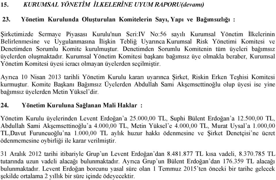 İlişkin Tebliğ Uyarınca Kurumsal Risk Yönetimi Komitesi ve Denetimden Sorumlu Komite kurulmuştur. Denetimden Sorumlu Komitenin tüm üyeleri bağımsız üyelerden oluşmaktadır.