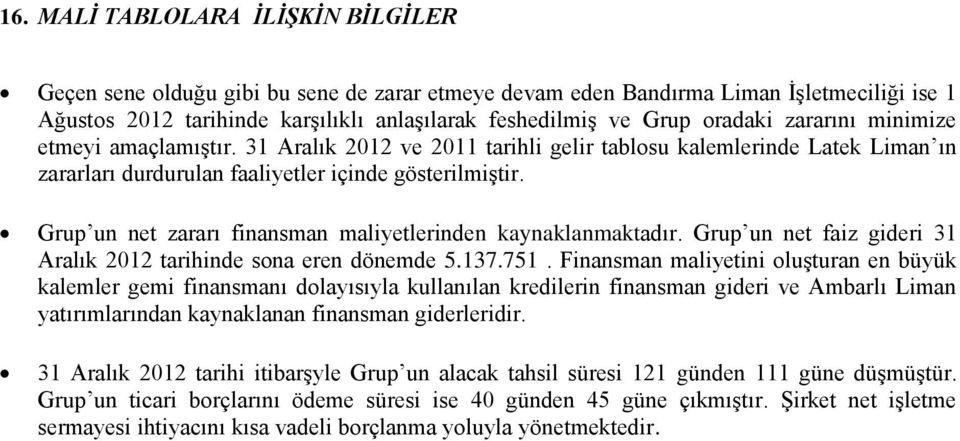 Grup un net zararı finansman maliyetlerinden kaynaklanmaktadır. Grup un net faiz gideri 31 Aralık 2012 tarihinde sona eren dönemde 5.137.751.