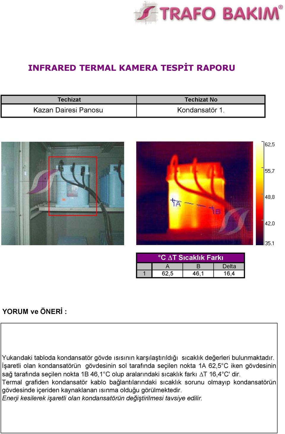 İşaretli olan kondansatörün gövdesinin sol tarafında seçilen nokta 1A 62,5 C iken gövdesinin sağ tarafında seçilen nokta 1B 46,1 C olup aralarındaki sıcaklık farkı