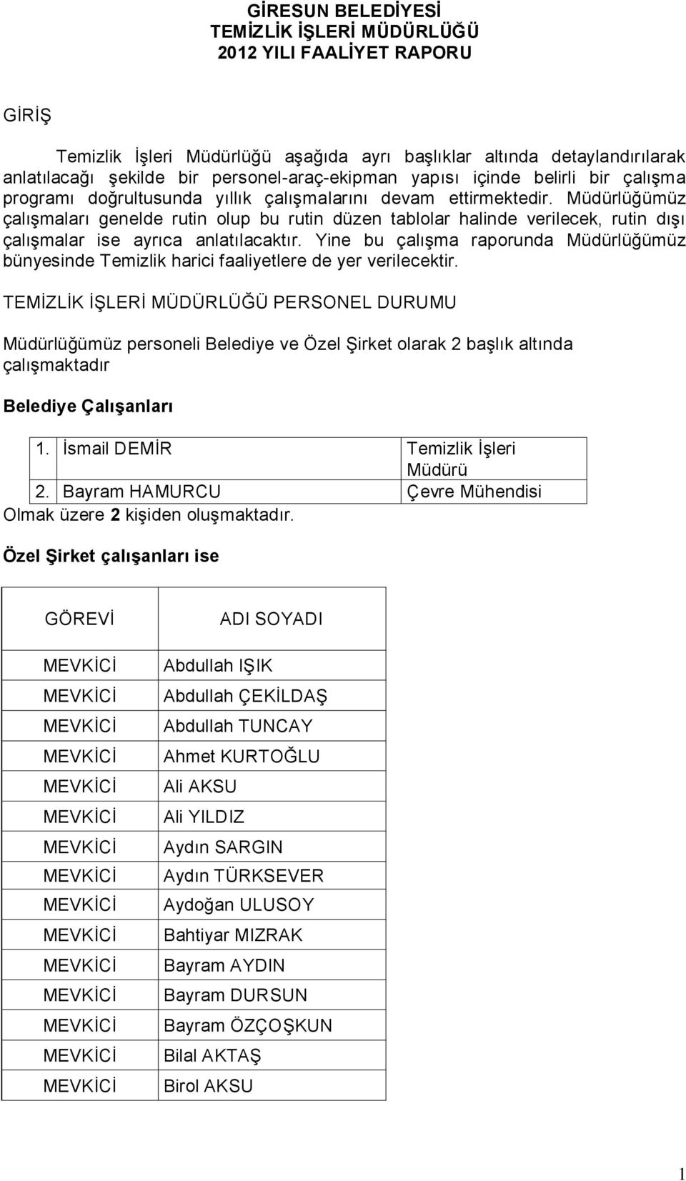 Müdürlüğümüz çalışmaları genelde rutin olup bu rutin düzen tablolar halinde verilecek, rutin dışı çalışmalar ise ayrıca anlatılacaktır.