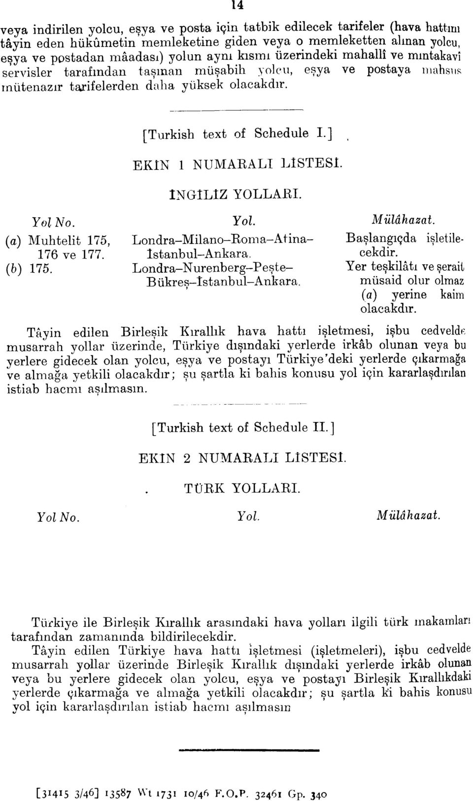 ] EKIN 1 NUMARALI LISTESI. (a) Muhtelit 175, 176 ve 177. (b) 175. INGILIZ YOLLARI. Yol No. Yol. Miilahazat. Londra-Milano-Rom a-atina- Baslangicda isletile- Istanbul-Ankara.