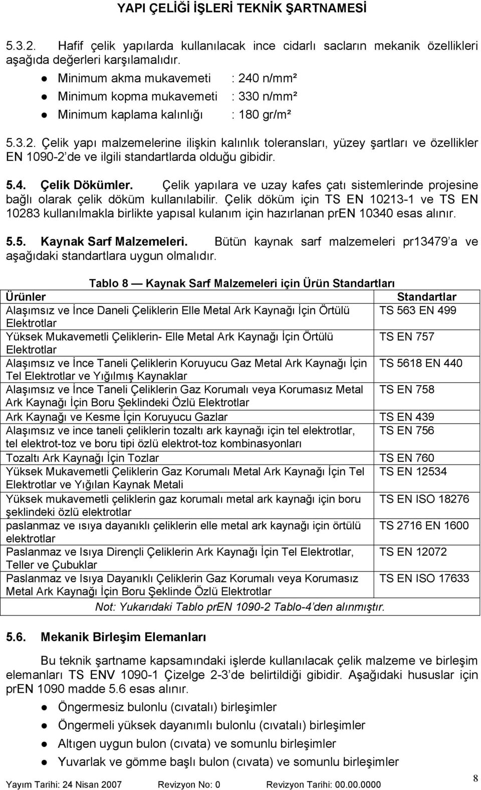 0 n/mm² : 330 n/mm² : 180 gr/m² 5.3.2. Çelik yap malzemelerine ili kin kal nl k toleranslar, yüzey artlar ve özellikler EN 1090-2 de ve ilgili standartlarda oldu u gibidir. 5.4. Çelik Dökümler.