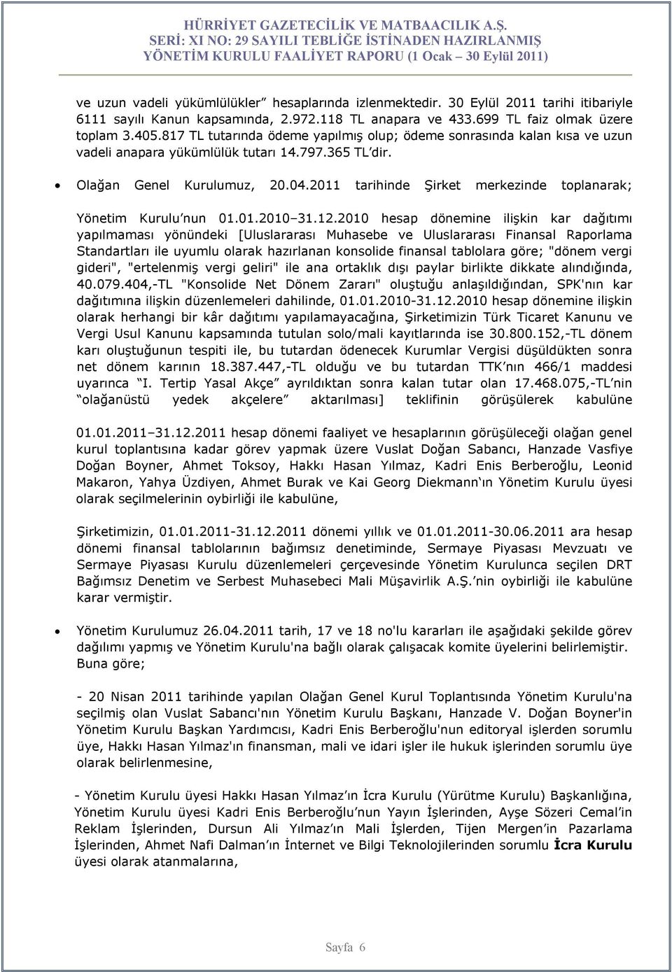 2011 tarihinde Şirket merkezinde toplanarak; Yönetim Kurulu nun 01.01.2010 31.12.