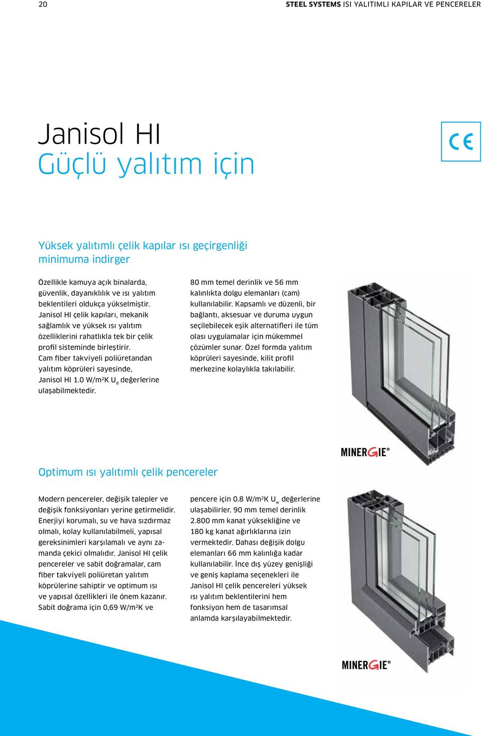 Cam fiber takviyeli poliüretandan yalıtım köprüleri sayesinde, Janisol HI 1.0 W/m 2 K U d değerlerine ulaşabilmektedir. mm temel derinlik ve 56 mm kalınlıkta dolgu elemanları (cam) kullanılabilir.