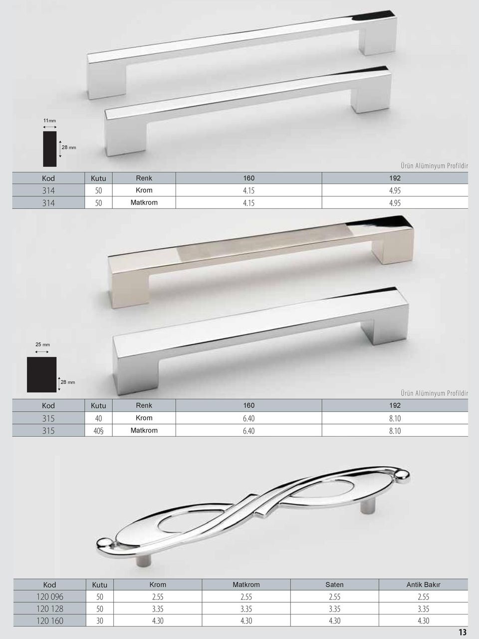 95 Ürün Alüminyum Profildir 25 mm 28 mm Kod Kutu Renk 160 192 315 40 Krom 6.40 8.