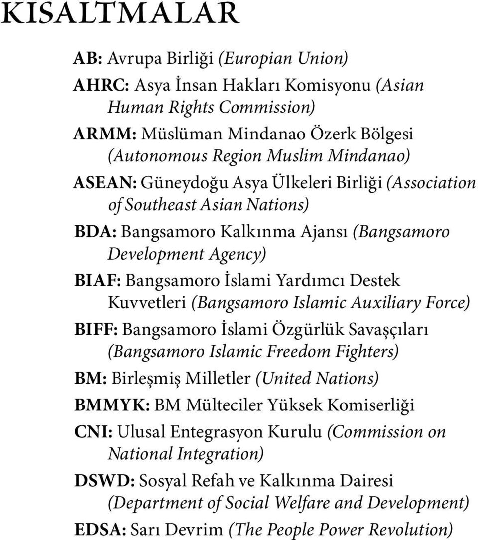 (Bangsamoro Islamic Auxiliary Force) BIFF: Bangsamoro İslami Özgürlük Savaşçıları (Bangsamoro Islamic Freedom Fighters) BM: Birleşmiş Milletler (United Nations) BMMYK: BM Mülteciler Yüksek