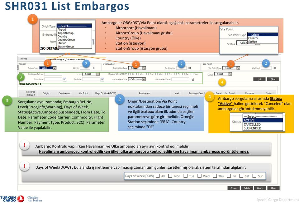 Level(Error,Info,Warning), Days of Week, Status(Active,Canceled,Suspended), From Date, To Date, Parameter Code(Carrier, Commodity, Flight Number, Payment Type, Product, SCC), Parameter Value ile