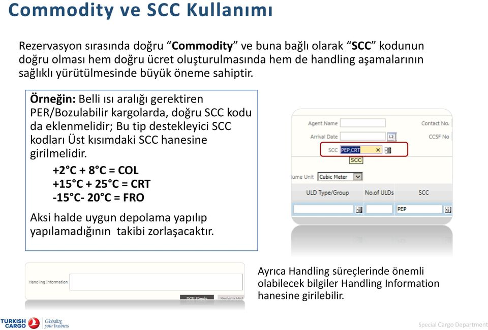 Örneğin: Belli ısı aralığı gerektiren PER/Bozulabilir kargolarda, doğru SCC kodu da eklenmelidir; Bu tip destekleyici SCC kodları Üst kısımdaki SCC