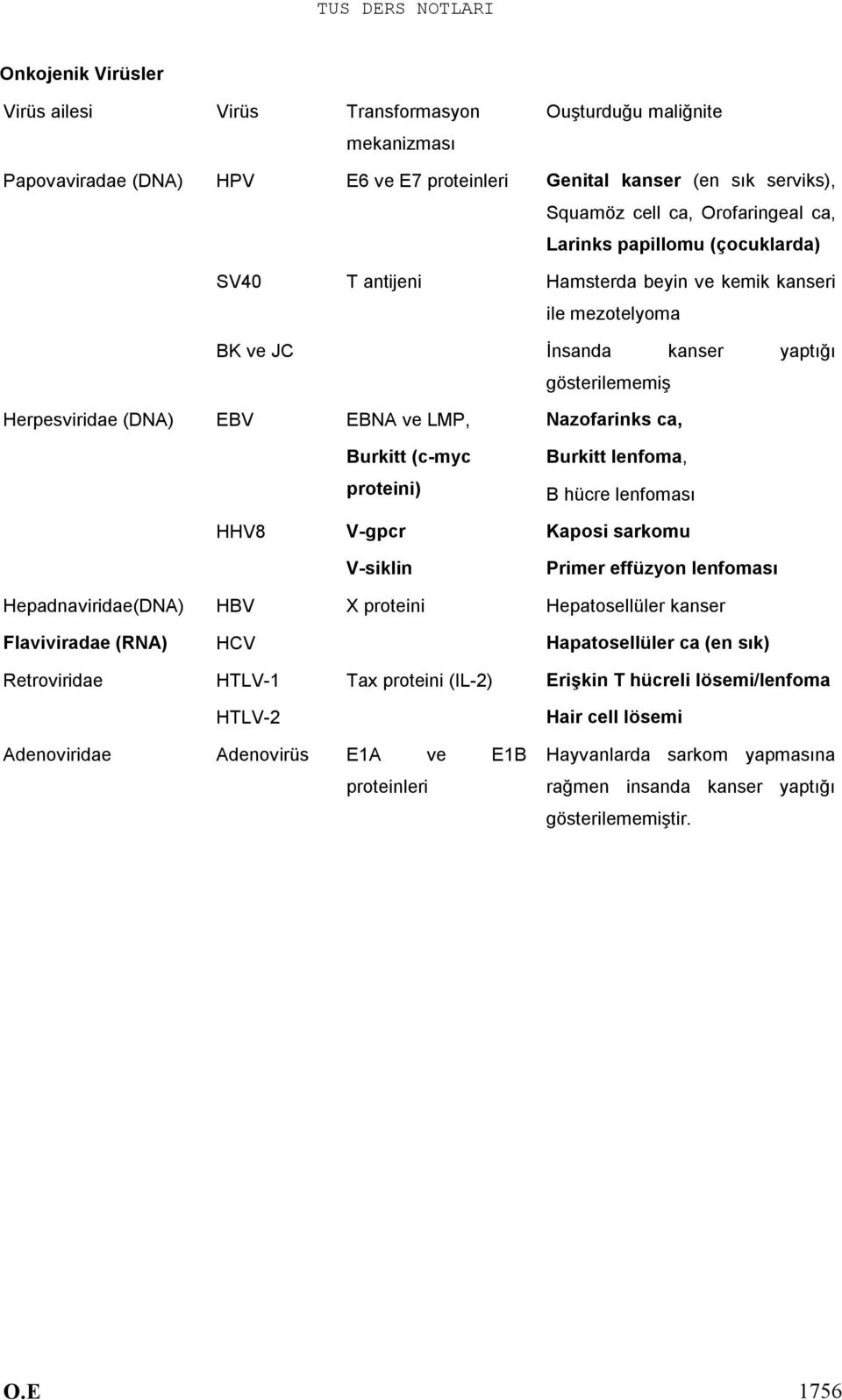 Burkitt (c-myc Burkitt lenfoma, proteini) B hücre lenfoması HHV8 V-gpcr Kaposi sarkomu V-siklin Primer effüzyon lenfoması Hepadnaviridae(DNA) HBV X proteini Hepatosellüler kanser Flaviviradae (RNA)