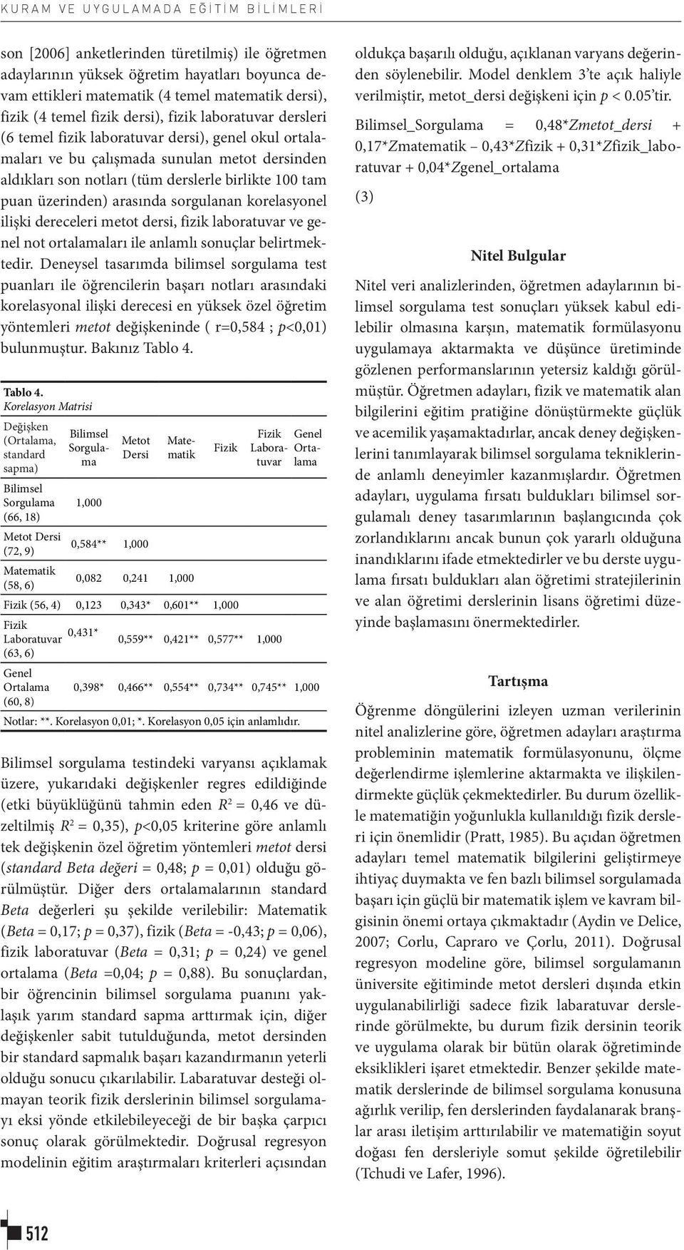 üzerinden) arasında sorgulanan korelasyonel ilişki dereceleri metot dersi, fizik laboratuvar ve genel not ortalamaları ile anlamlı sonuçlar belirtmektedir.