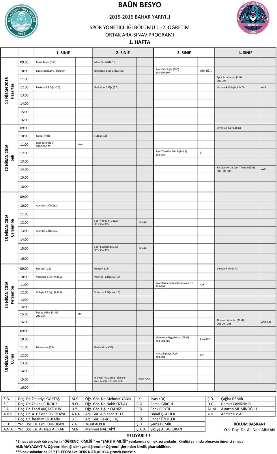 K) İE Karşılaştırmalı Spor Yönetimi(Z.G) Atletizm 1.Öğr.(Z.G) 13 NİSAN 2016 Atletizm 2.Öğr.(Z.G) Spor Yönetimi-2 (Z.G) -ED Spor Ekonomisi (Z.G) -ED Hentbol (C.B) Hentbol (C.B) Uzmanlık Tenis (İ.