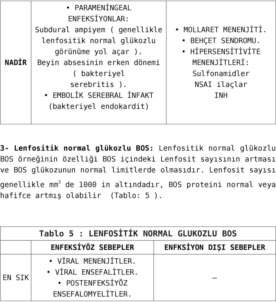 HİPERSENSİTİVİTE MENENJİTLERİ: Sulfonamidler NSAI ilaçlar INH 3- Lenfositik normal glükozlu BOS: Lenfositik normal glükozlu BOS örneğinin özelliği BOS içindeki Lenfosit sayısının artması ve