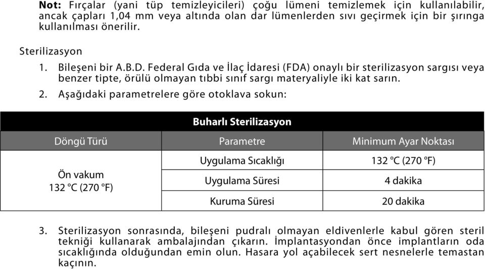 Aşağıdaki parametrelere göre otoklava sokun: Buharlı Sterilizasyon Döngü Türü Parametre Minimum Ayar Noktası Ön vakum 132 C (270 F) Uygulama Sıcaklığı Uygulama Süresi Kuruma Süresi 132 C (270 F) 4