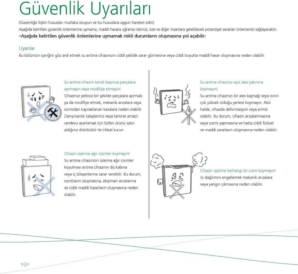 Aşağıda belirtilen güvenlik önlemlerine uymamak riskli durumların oluşmasına yol açabilir: Uyarılar Bu bölümün içeriğini göz ardı etmek su arıtma cihazınızın ciddi şekilde zarar görmesine veya ciddi