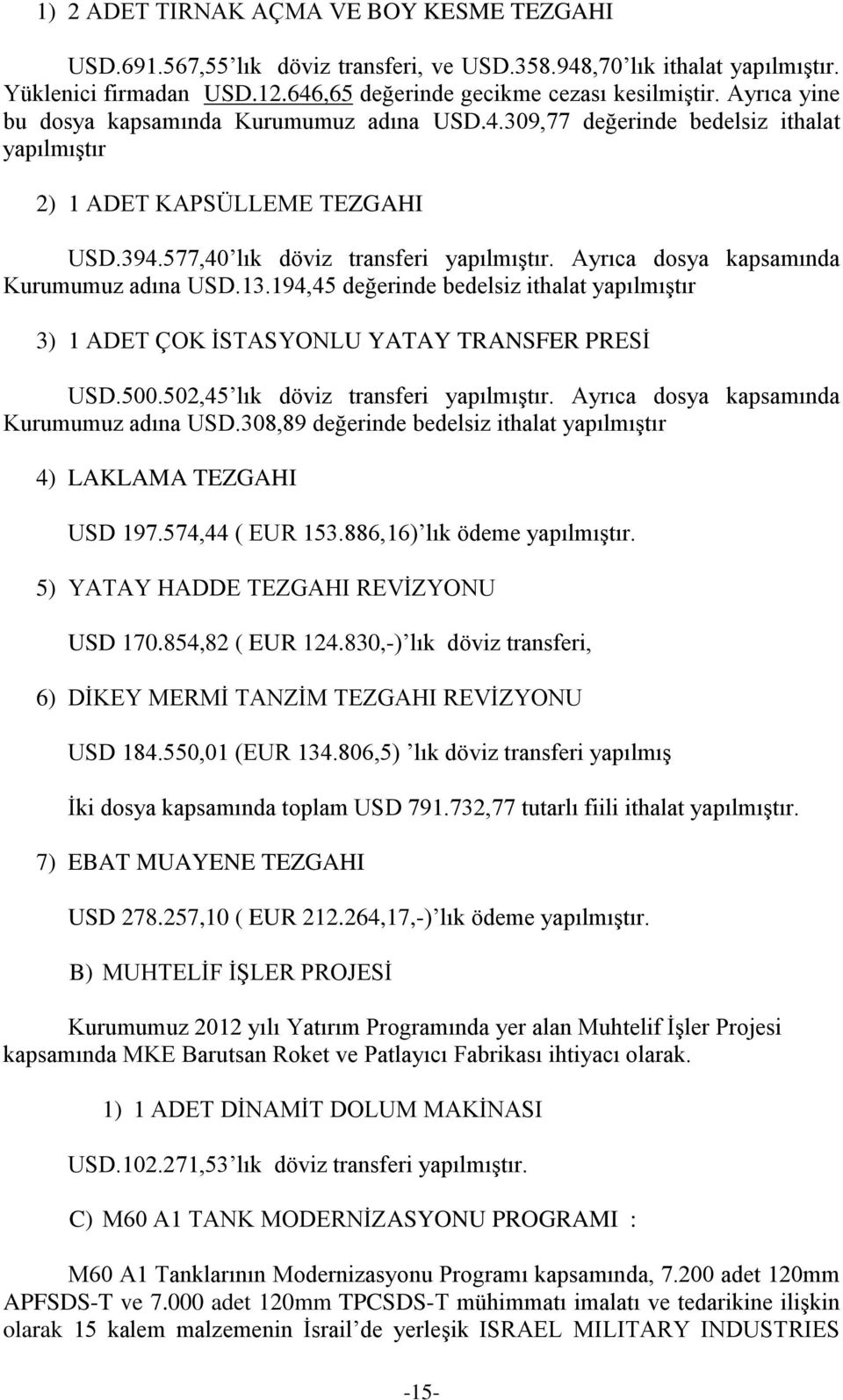 Ayrıca dosya kapsamında Kurumumuz adına USD.13.194,45 değerinde bedelsiz ithalat yapılmıştır 3) 1 ADET ÇOK İSTASYONLU YATAY TRANSFER PRESİ USD.500.502,45 lık döviz transferi yapılmıştır.