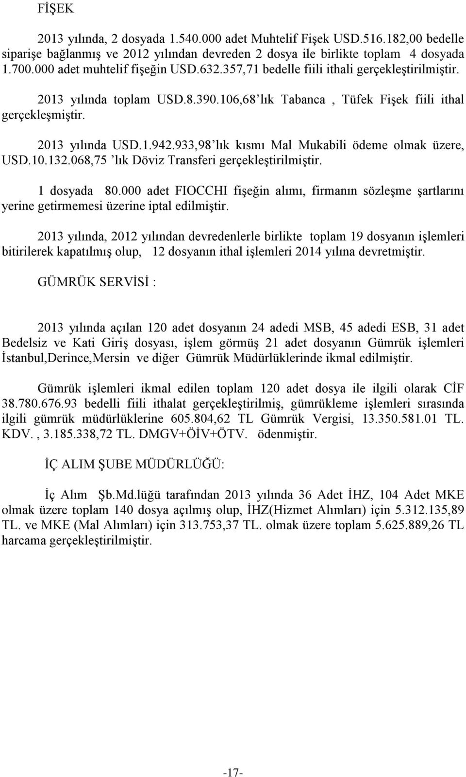 933,98 lık kısmı Mal Mukabili ödeme olmak üzere, USD.10.132.068,75 lık Döviz Transferi gerçekleştirilmiştir. 1 dosyada 80.