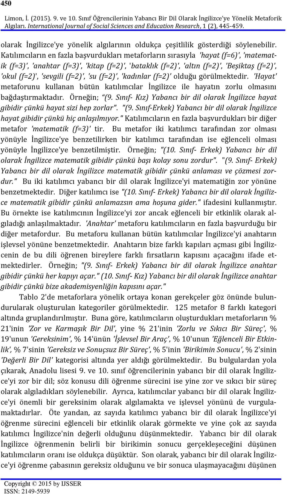 Katılımcıların en fazla başvurdukları metaforların sırasıyla 'hayat (f=6)', 'matematik (f=3)', 'anahtar (f=3)', 'kitap (f=2)', 'bataklık (f=2)', 'altın (f=2)', 'Beşiktaş (f=2)', 'okul (f=2)',