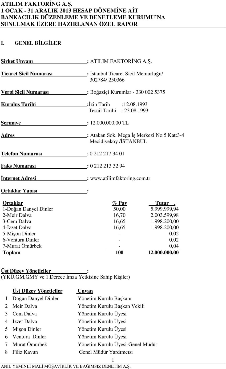 08.1993 Tescil Tarihi : 23.08.1993 Sermaye Adres : 12.000.000,00 TL : Atakan Sok.