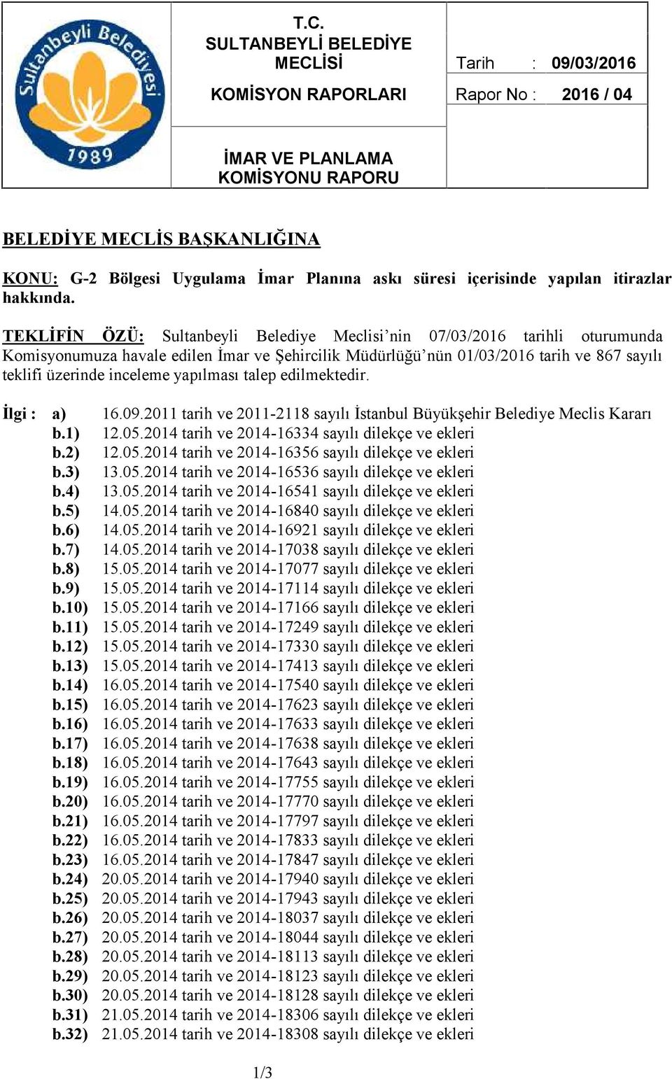 TEKLİFİN ÖZÜ: Sultanbeyli Belediye Meclisi nin 07/03/2016 tarihli oturumunda Komisyonumuza havale edilen İmar ve Şehircilik Müdürlüğü nün 01/03/2016 tarih ve 867 sayılı teklifi üzerinde inceleme