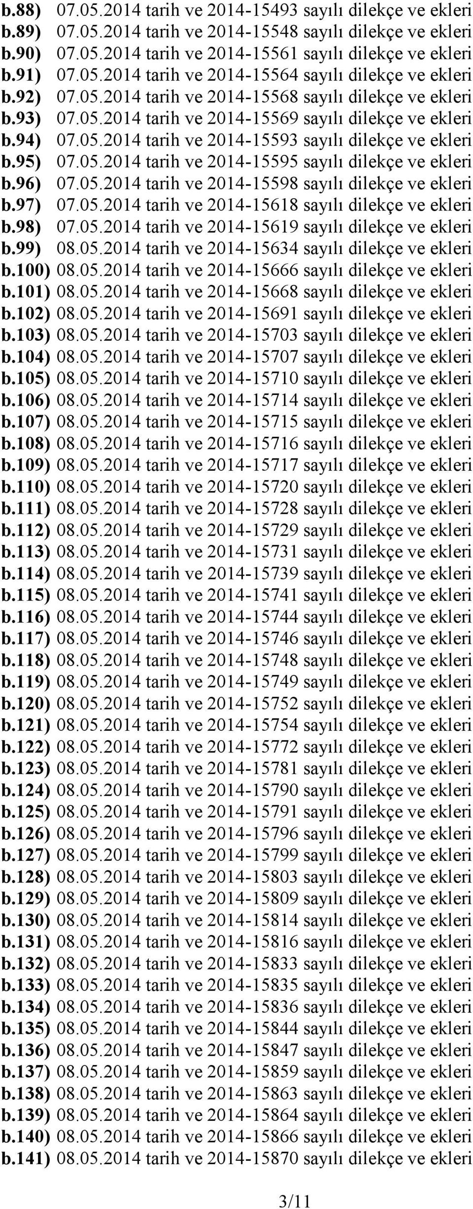 96) 07.05.2014 tarih ve 2014-15598 sayılı dilekçe ve ekleri b.97) 07.05.2014 tarih ve 2014-15618 sayılı dilekçe ve ekleri b.98) 07.05.2014 tarih ve 2014-15619 sayılı dilekçe ve ekleri b.99) 08.05.2014 tarih ve 2014-15634 sayılı dilekçe ve ekleri b.