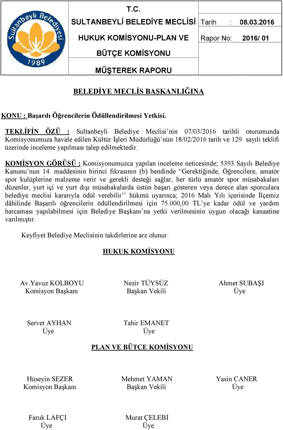 TEKLİFİN ÖZÜ : Sultanbeyli Belediye Meclisi nin 07/03/2016 tarihli oturumunda Komisyonumuza havale edilen Kültür İşleri Müdürlüğü nün 18/02/2016 tarih ve 129 sayılı teklifi üzerinde inceleme