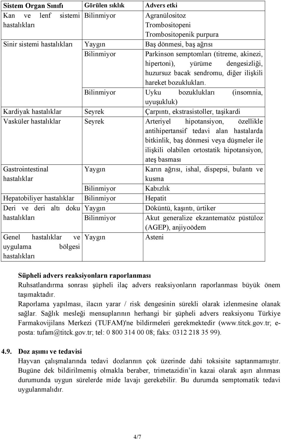 Bilinmiyor Uyku bozuklukları (insomnia, uyuşukluk) Kardiyak hastalıklar Seyrek Çarpıntı, ekstrasistoller, taşikardi Vasküler hastalıklar Seyrek Arteriyel hipotansiyon, özellikle antihipertansif