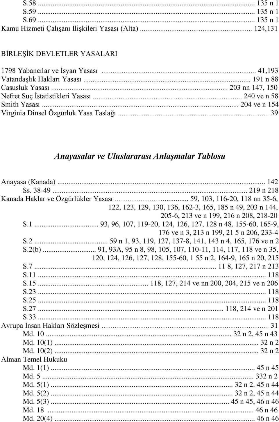 .. 39 Anayasalar ve Uluslararası Anlaşmalar Tablosu Anayasa (Kanada)... 142 Ss. 38-49... 219 n 218 Kanada Haklar ve Özgürlükler Yasası.