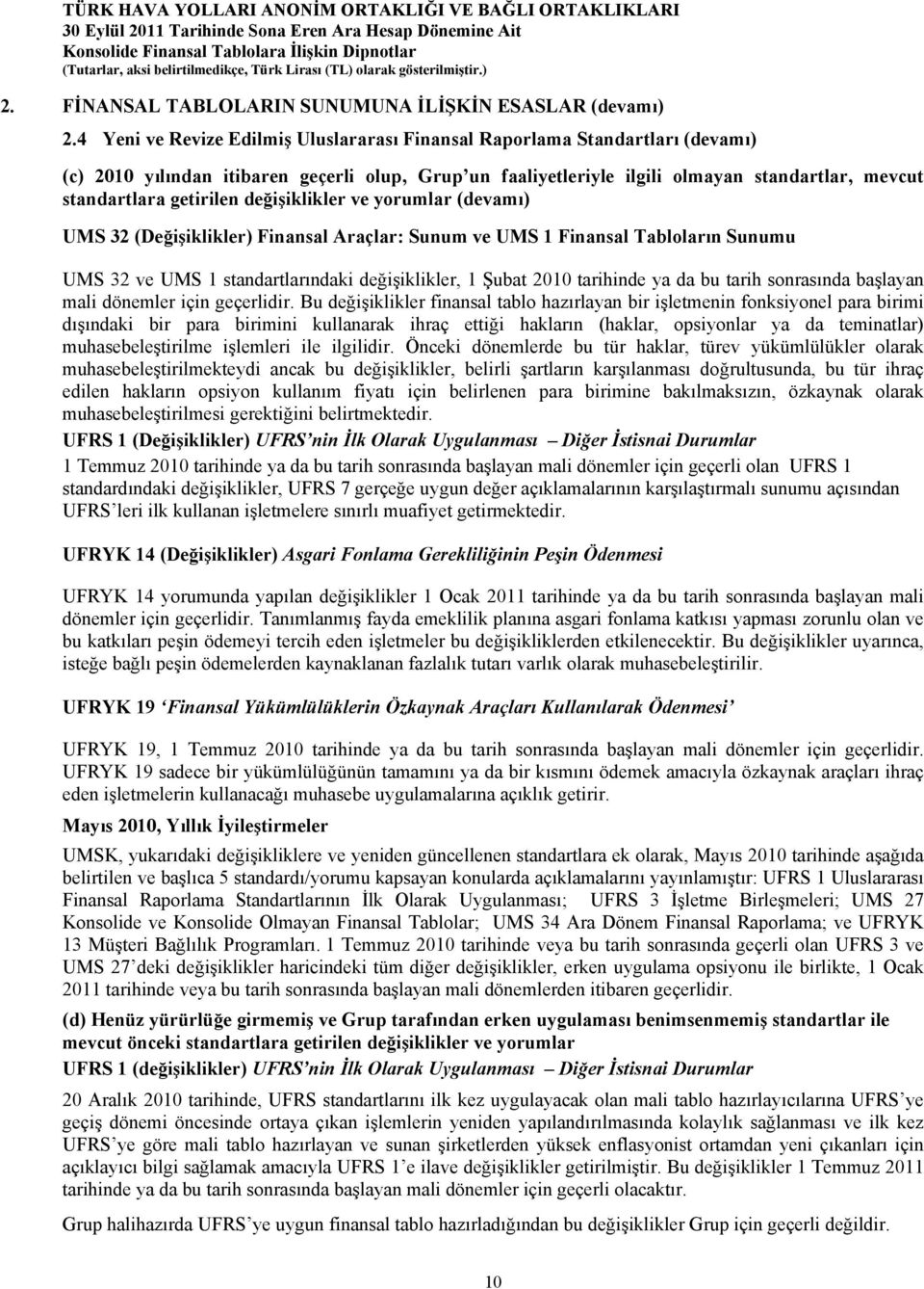 getirilen değişiklikler ve yorumlar (devamı) UMS 32 (Değişiklikler) Finansal Araçlar: Sunum ve UMS 1 Finansal Tabloların Sunumu UMS 32 ve UMS 1 standartlarındaki değişiklikler, 1 Şubat 2010 tarihinde