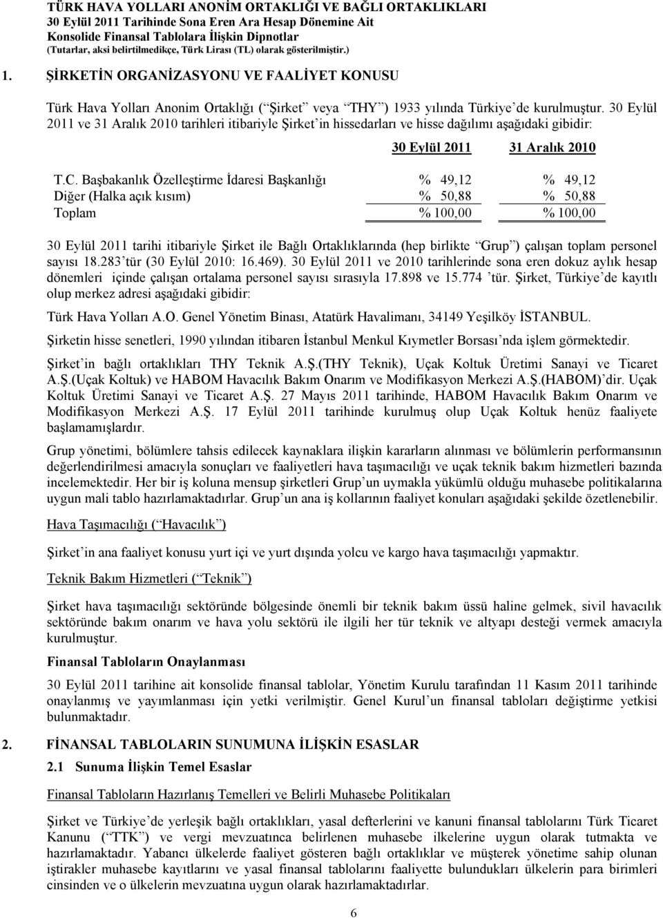 Başbakanlık Özelleştirme İdaresi Başkanlığı % 49,12 % 49,12 Diğer (Halka açık kısım) % 50,88 % 50,88 Toplam % 100,00 % 100,00 30 Eylül 2011 tarihi itibariyle Şirket ile Bağlı Ortaklıklarında (hep