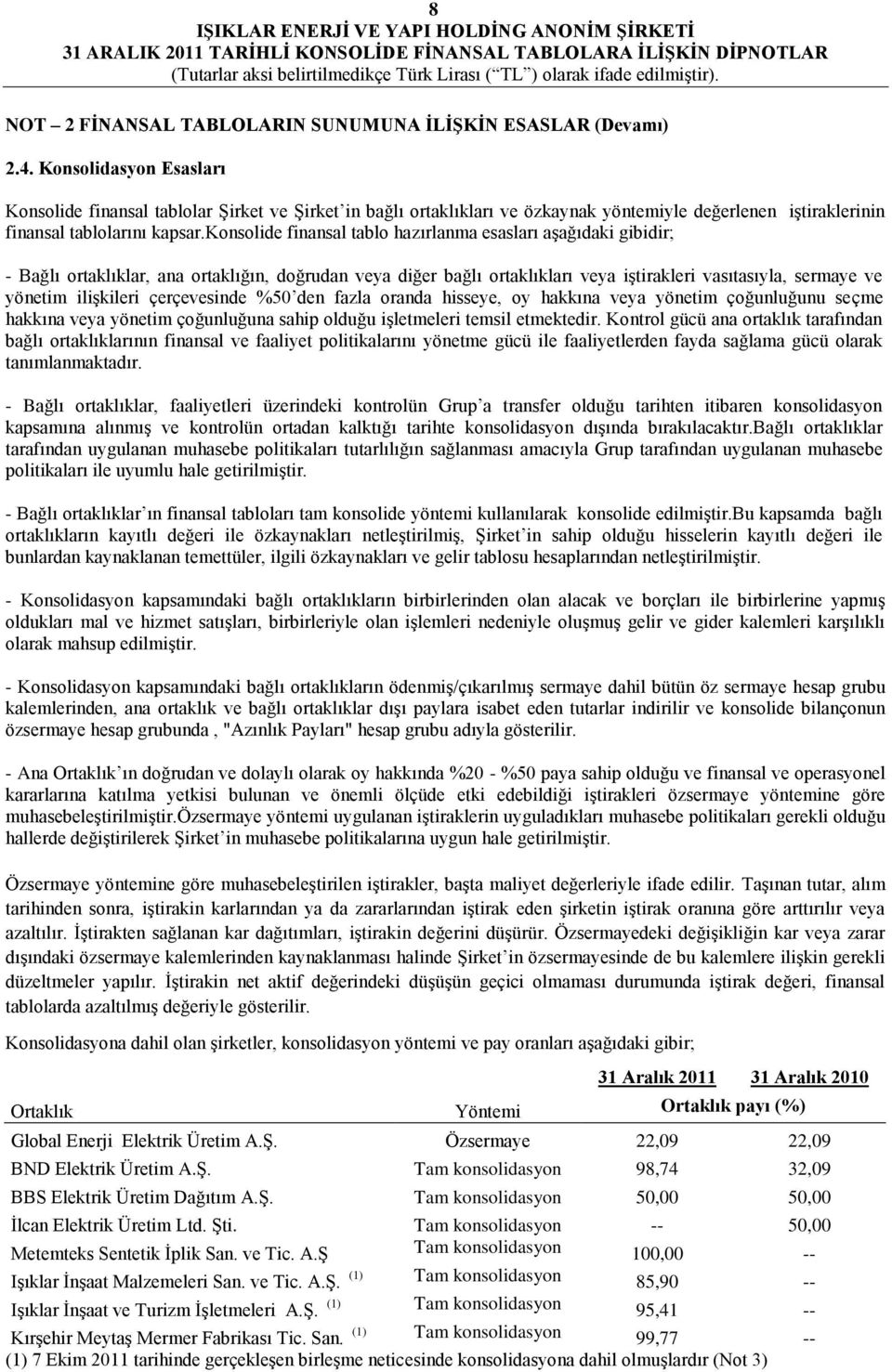 konsolide finansal tablo hazırlanma esasları aşağıdaki gibidir; - Bağlı ortaklıklar, ana ortaklığın, doğrudan veya diğer bağlı ortaklıkları veya iştirakleri vasıtasıyla, sermaye ve yönetim ilişkileri